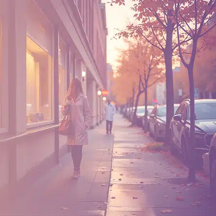 Une femme marchant dans une rue en automne